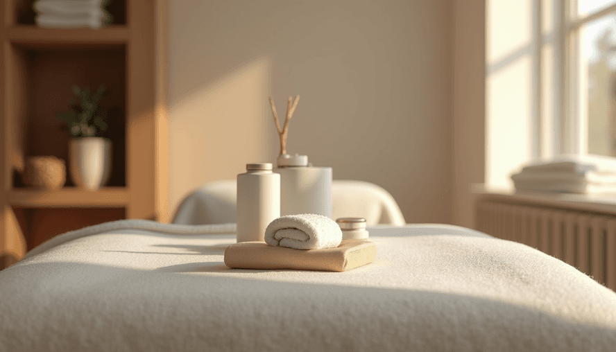 Vue rapprochée d’une table de massage avec accessoires de bien-être