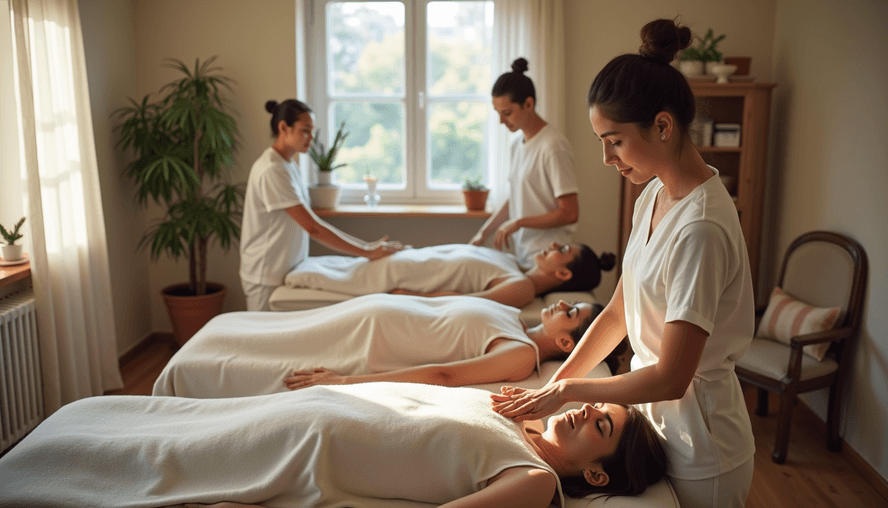 Vue en plongée d’une salle de formation avec stagiaires en massage bien-être