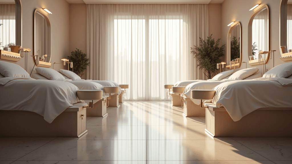 Eye-level view of a modern beauty salon with treatment beds